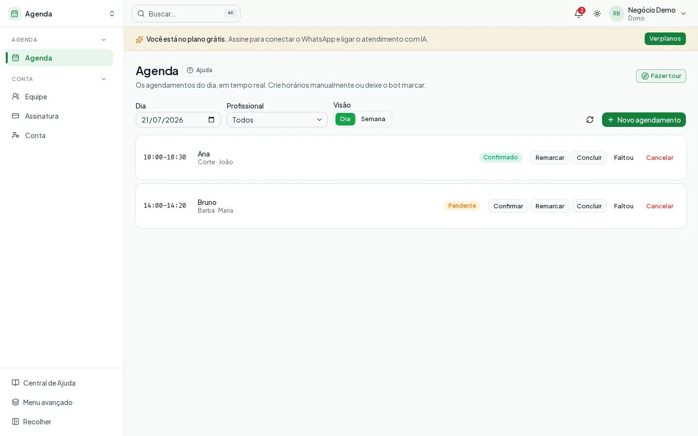 Agenda em tempo real no painel do AEX