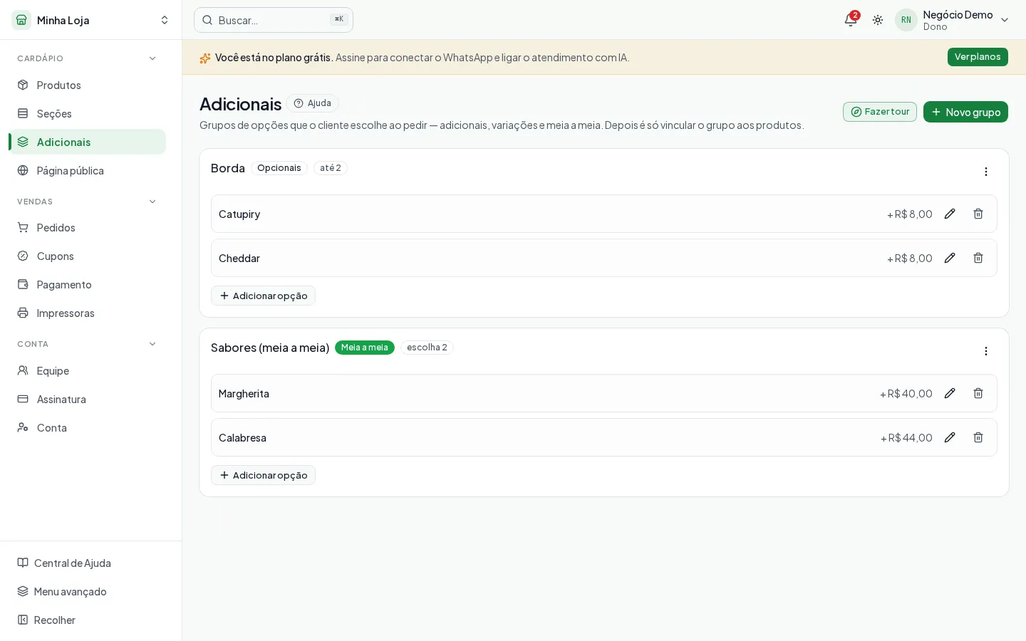 Tela de Adicionais do cardápio no painel do AEX, com os grupos de opções cadastrados