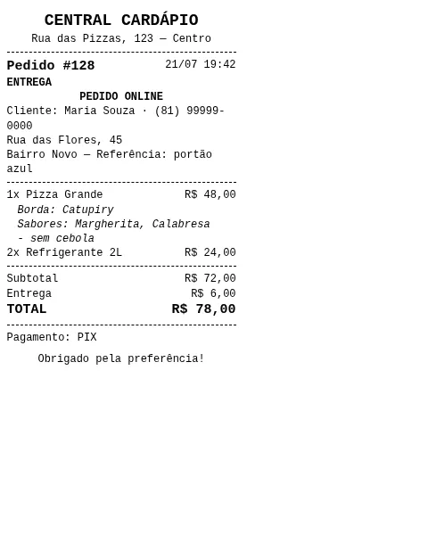 Cupom impresso de um pedido feito pelo cardápio online, com o selo "PEDIDO ONLINE", os adicionais e a observação de cada item