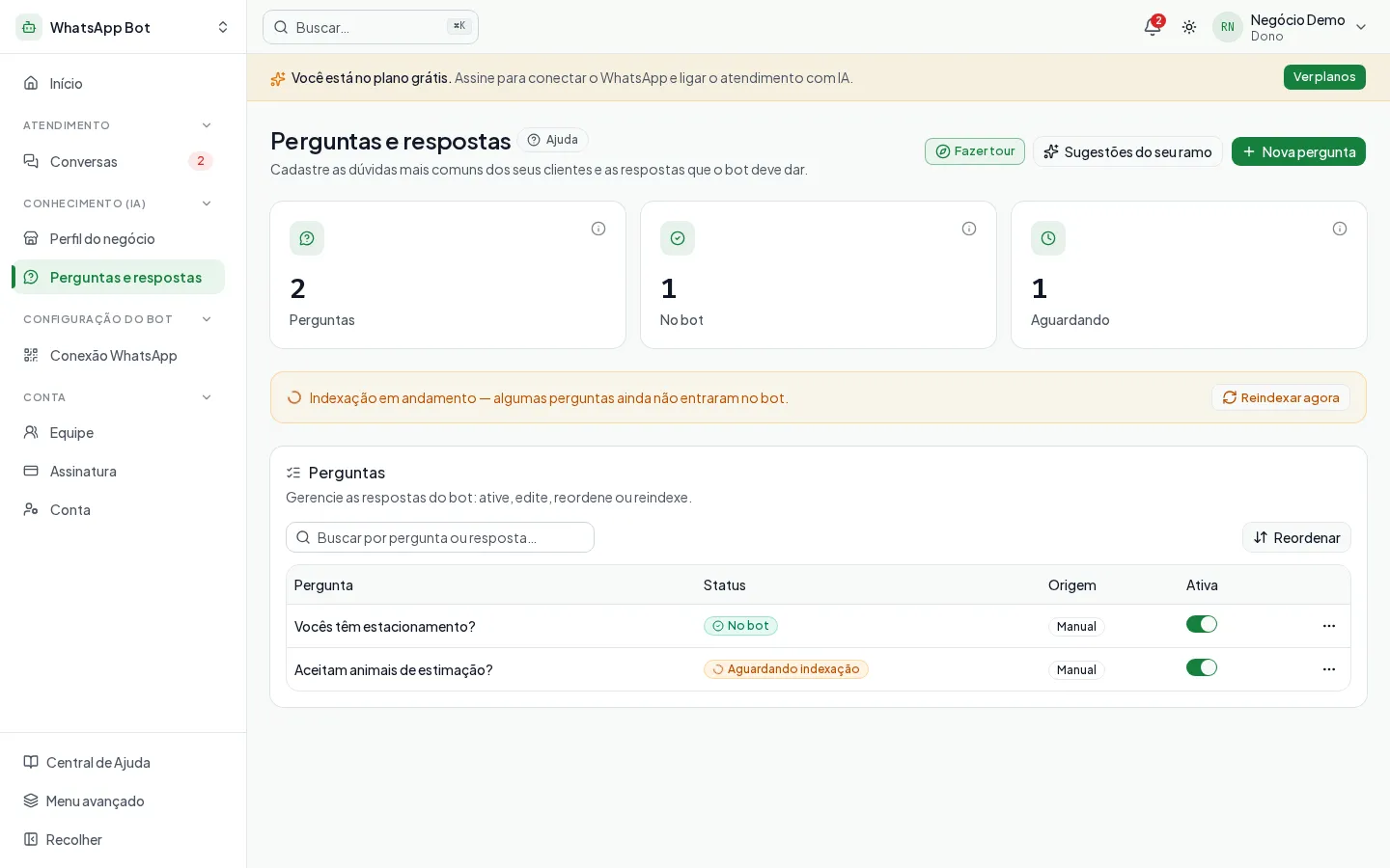 Tela de Perguntas e respostas (FAQ) no painel do AEX