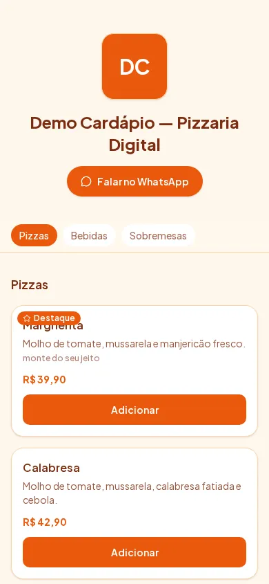 Cardápio público do AEX visto pelo cliente, organizado por seções