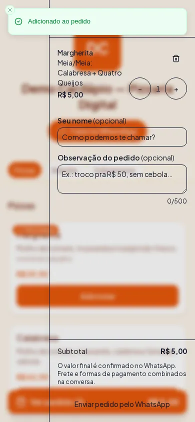 Carrinho do cardápio público aberto pelo cliente, com os itens adicionados e o botão "Enviar pedido"