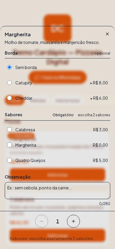 Tela de um item do cardápio aberta pelo cliente, com as opções de adicionais e o campo de observação