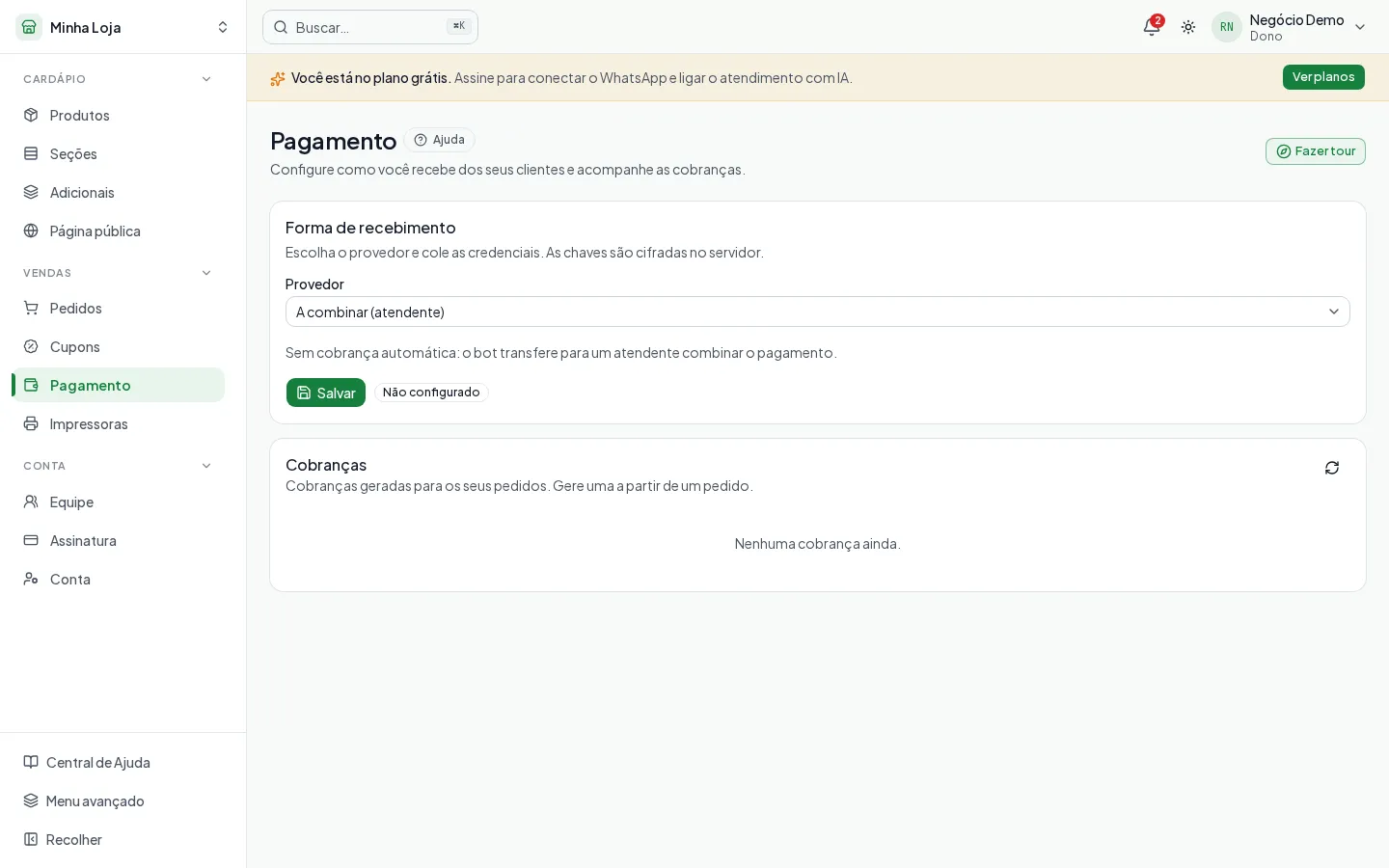 Tela de configuração de Pagamento no painel do AEX