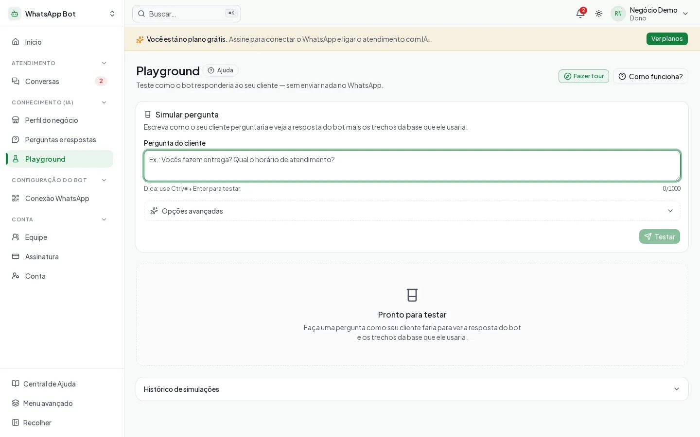 Playground do AEX para testar as respostas da IA antes de ativar