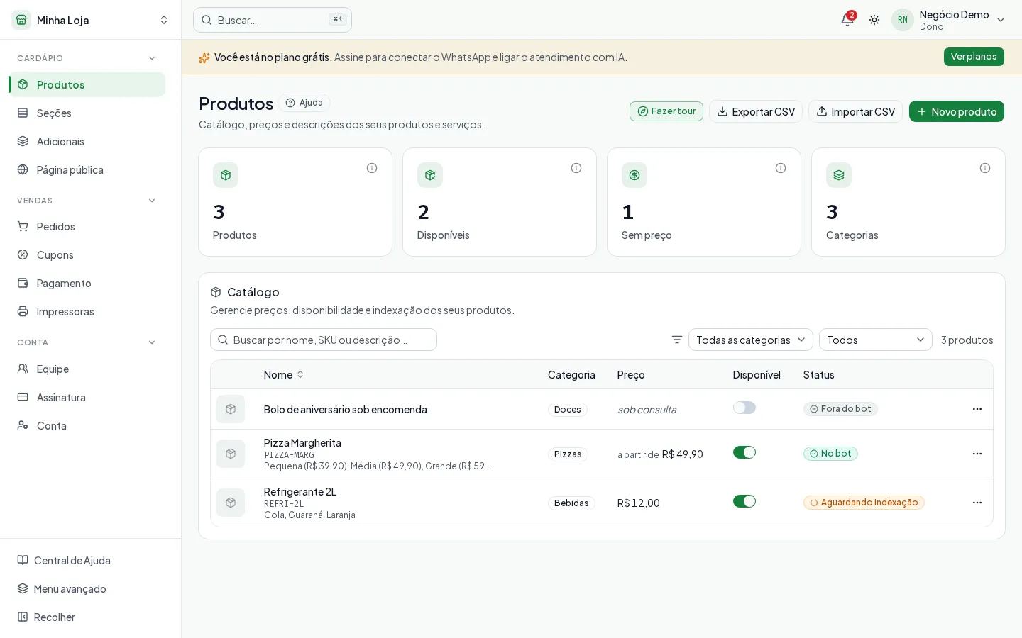Catálogo de produtos no painel do AEX